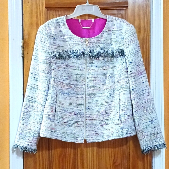 Trina Turk Elle Woods Multicolored Long Sleeve Tweed fringe Jacket Size L - Picture 1 of 17